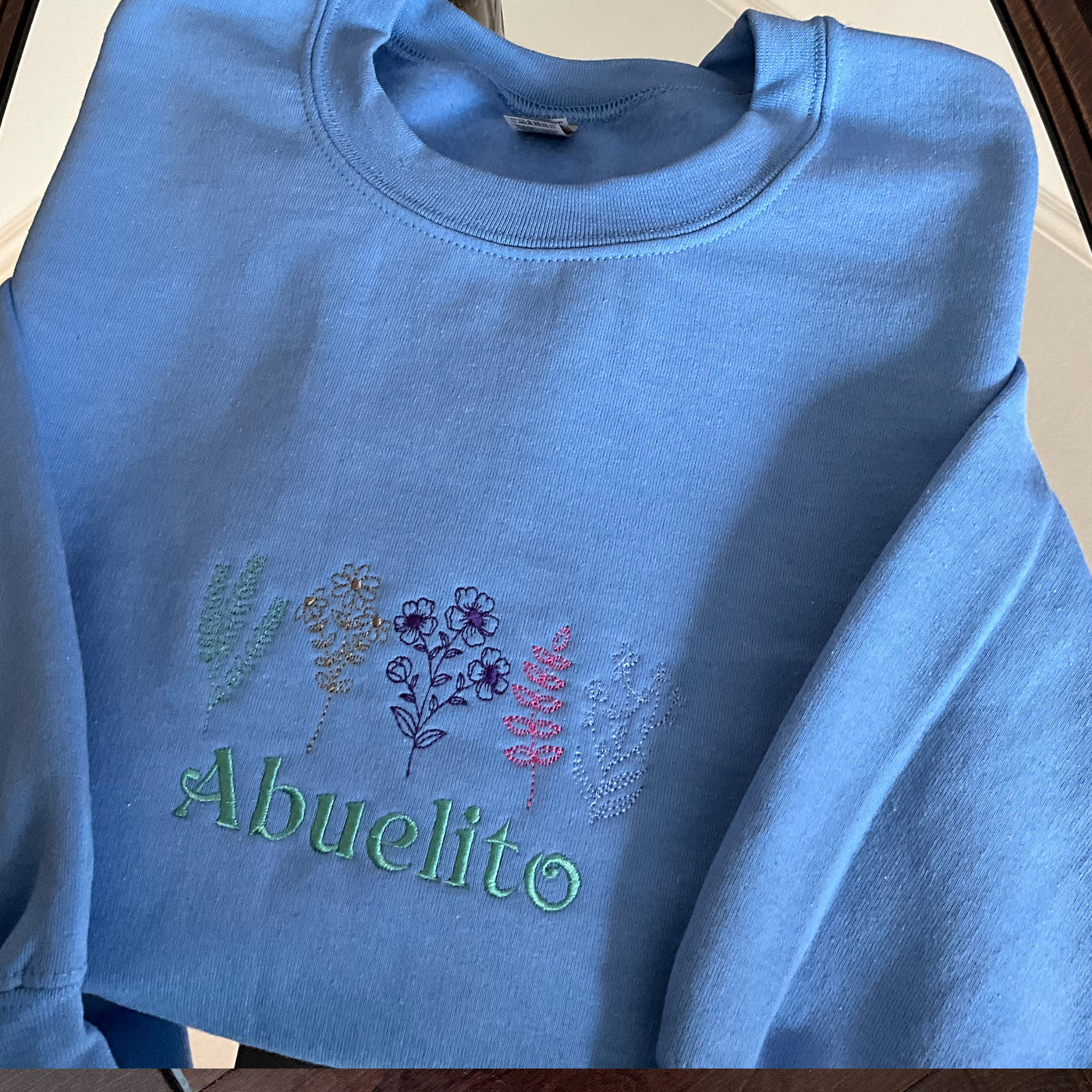 Custom Simple Name and Beautiful Floral Embroidery Vintage Sweatshirt CAROLINA BLUE COLOR