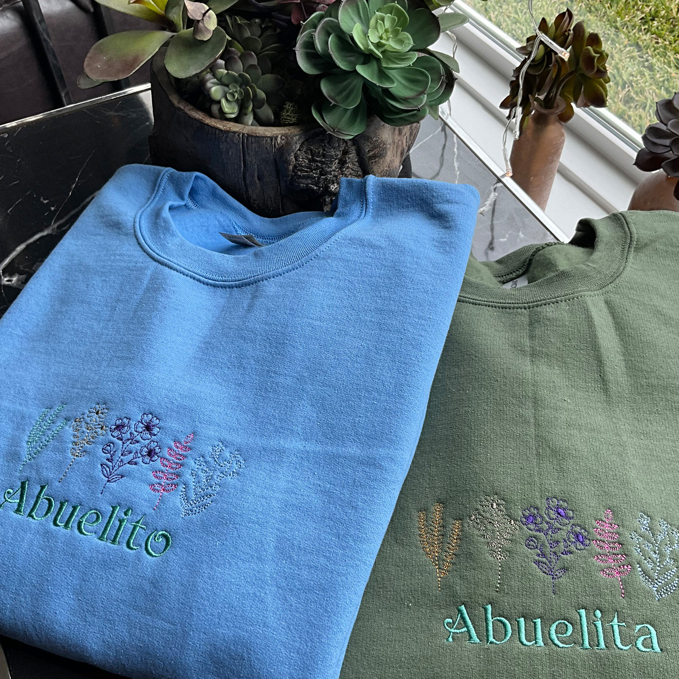 Custom Simple Name and Beautiful Floral Embroidery Vintage Sweatshirt CAROLINA BLUE COLOR