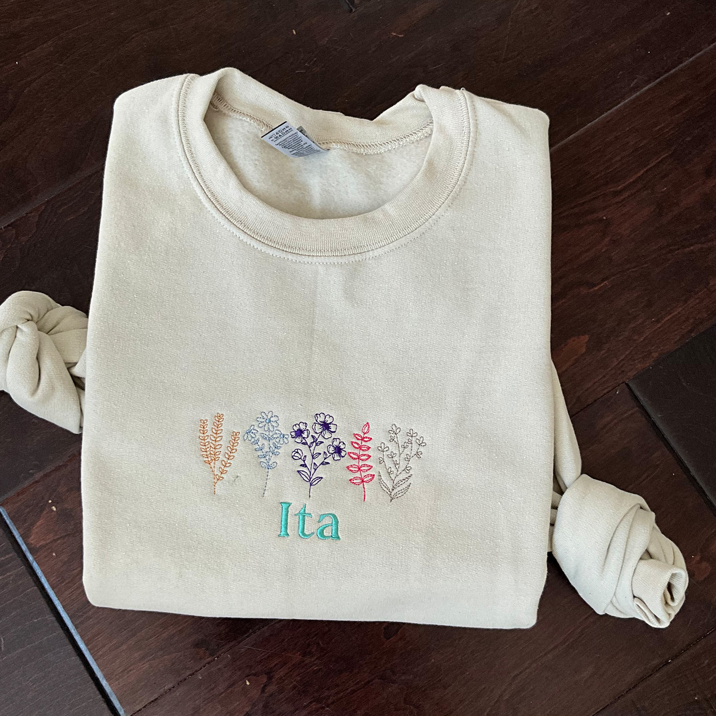 Custom Simple Name and Beautiful Floral Embroidery Vintage Sweatshirt SAND COLOR