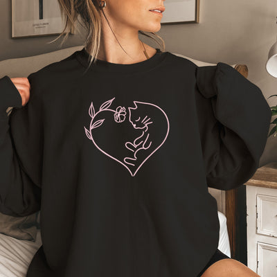 Floral Cat Lover Embroidered sweatshirt black color