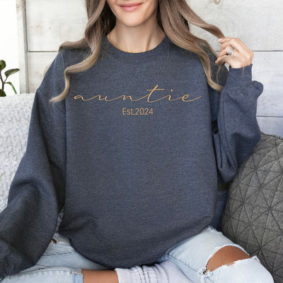 Custom Embroidered "Auntie Est. 2025" Sweatshirt dark heather