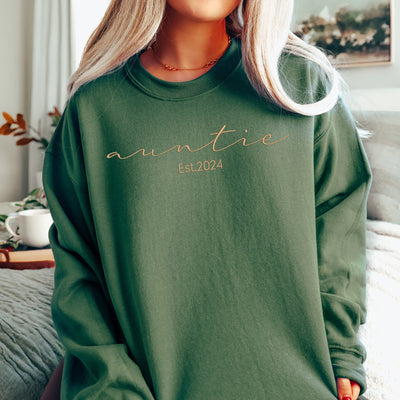 Custom Embroidered "Auntie Est. 2025" Sweatshirt military green