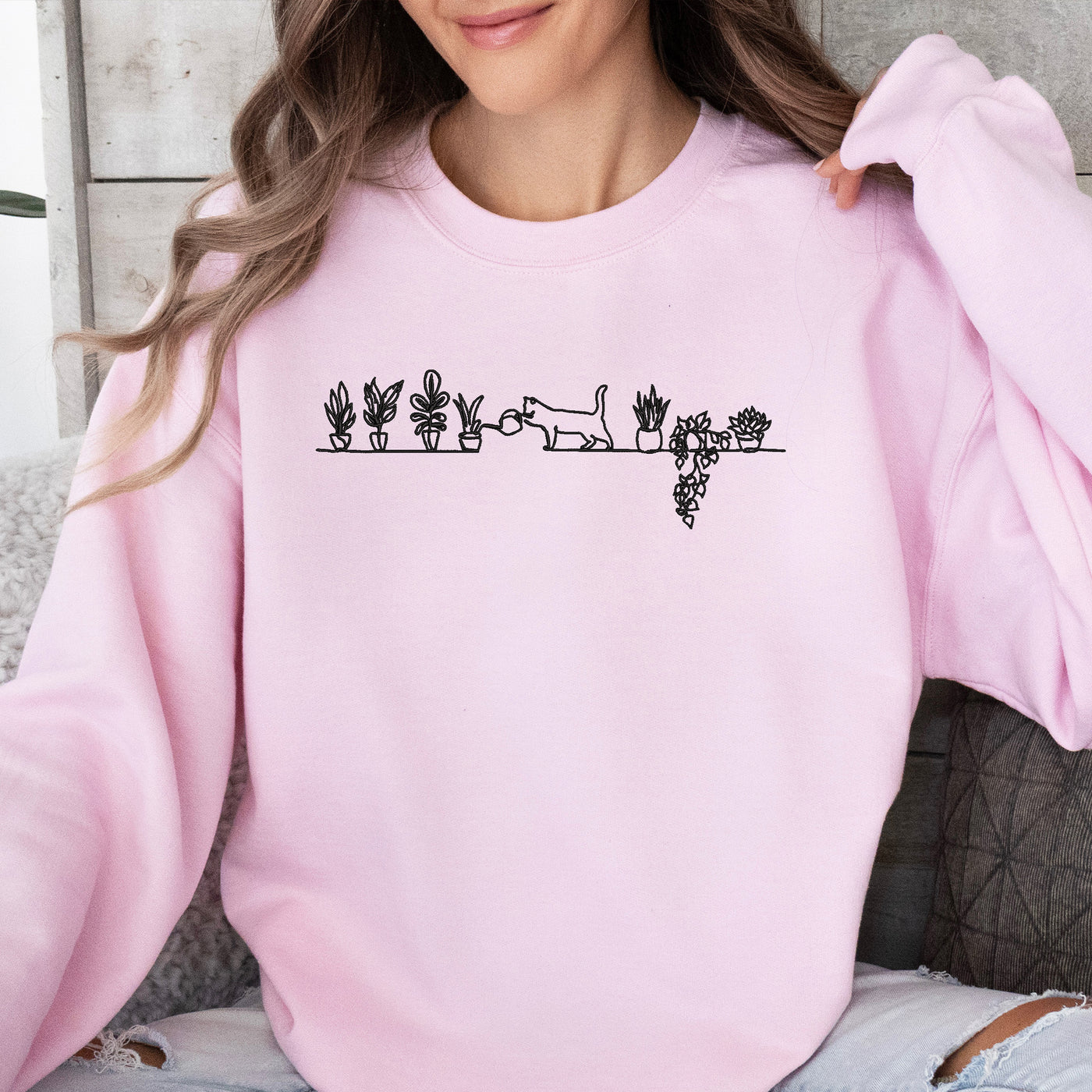 Embroidered Cat Watering Plants Sweatshirt light pink