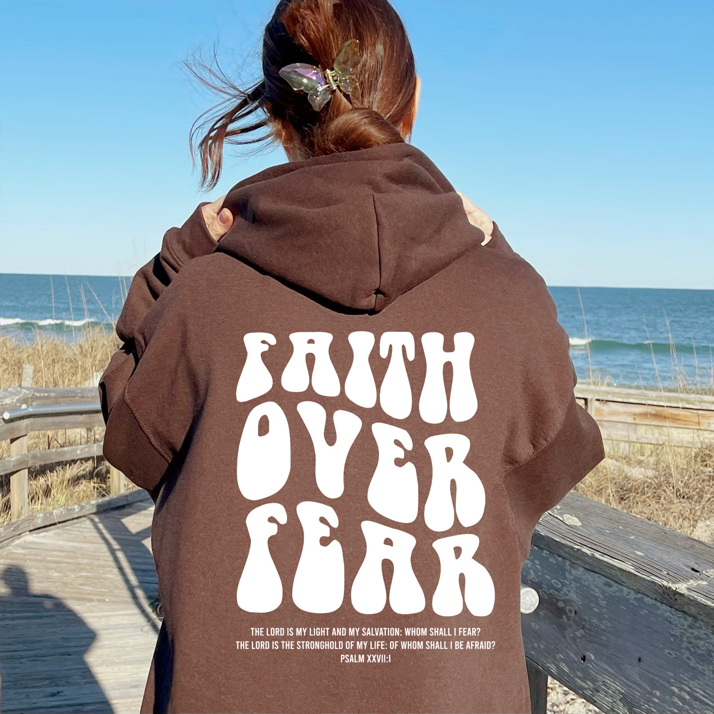 Faith Over Fear Hoodie dark chocolate blue