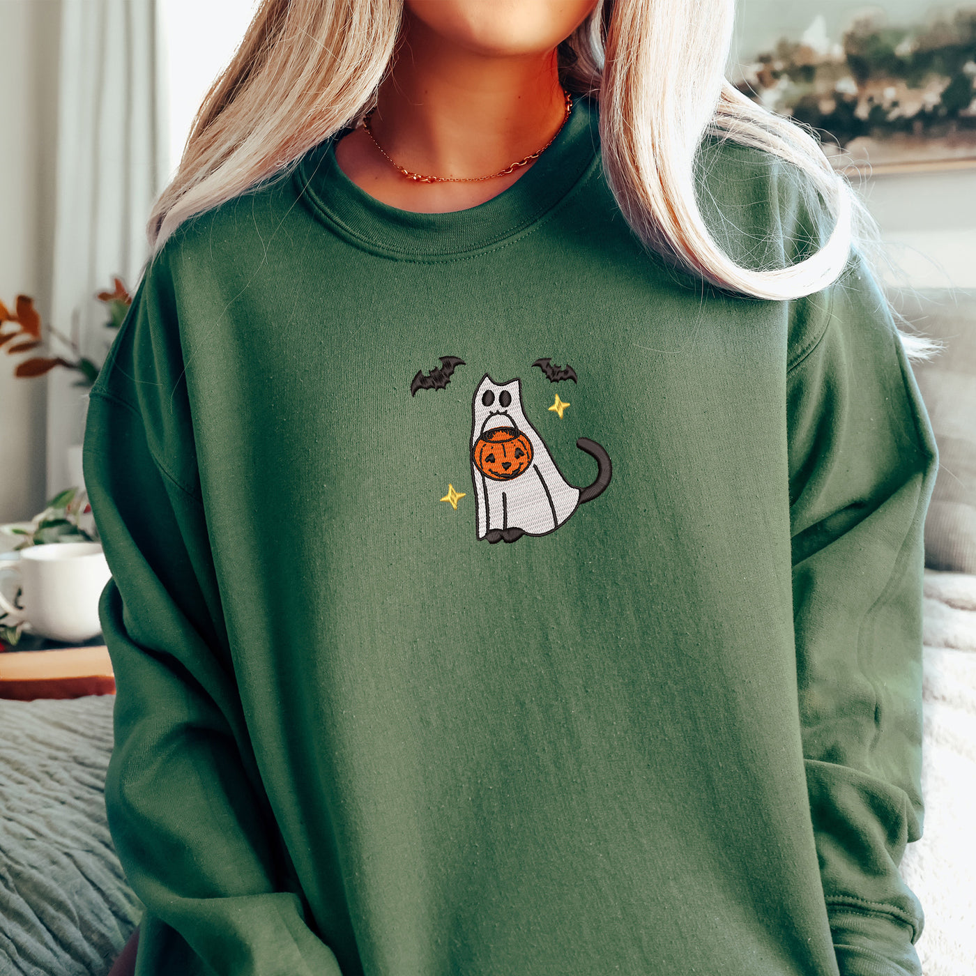 Embroidery Spooky Cat Hoodie and sweatshirt military green 