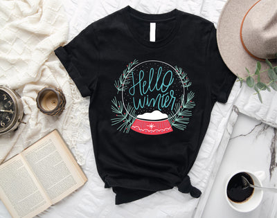 Hello Winter Snowflake Globe T-Shirt BLACK COLOR