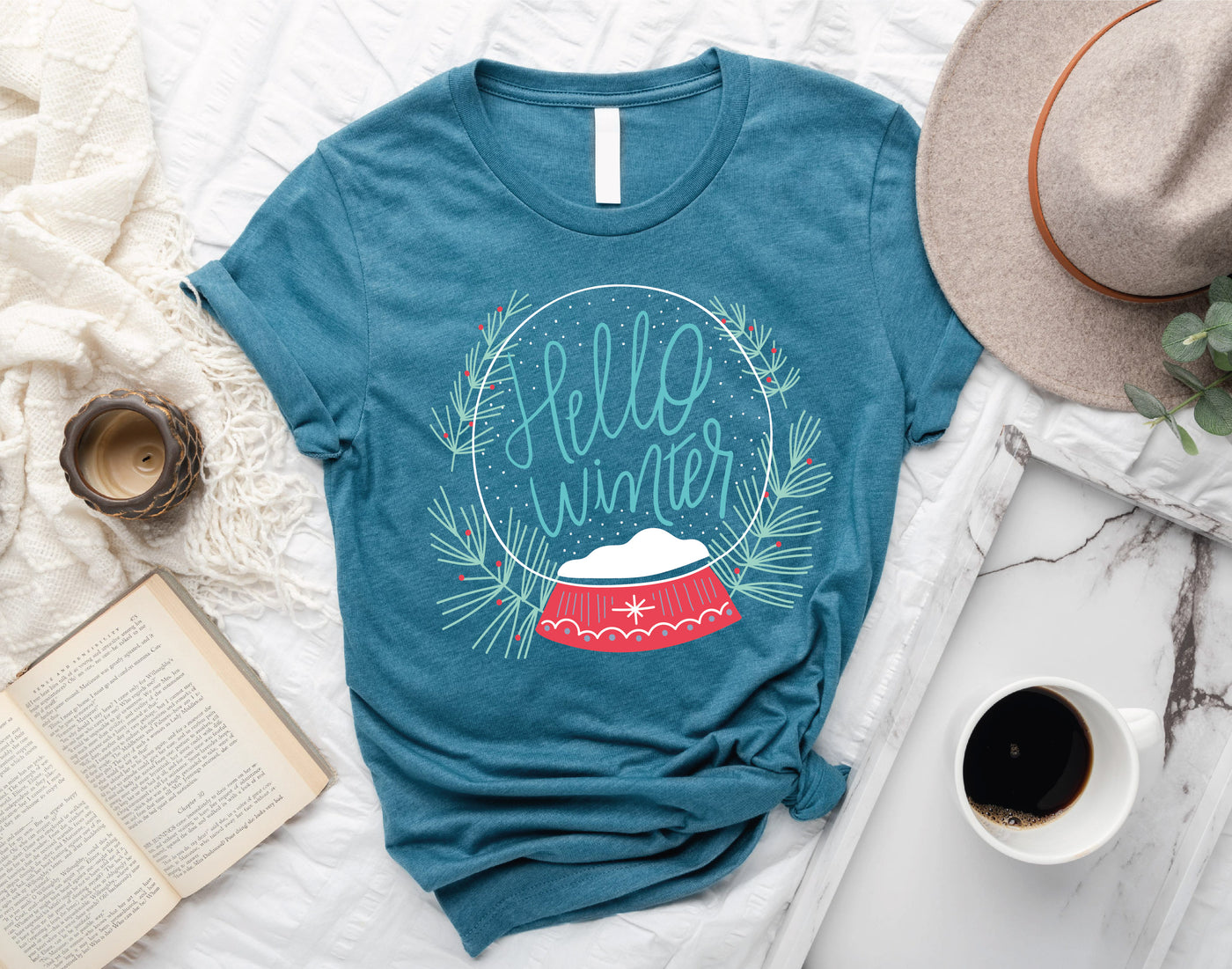 Hello Winter Snowflake Globe T-Shirt HEATHER DEEP TEAL COLOR