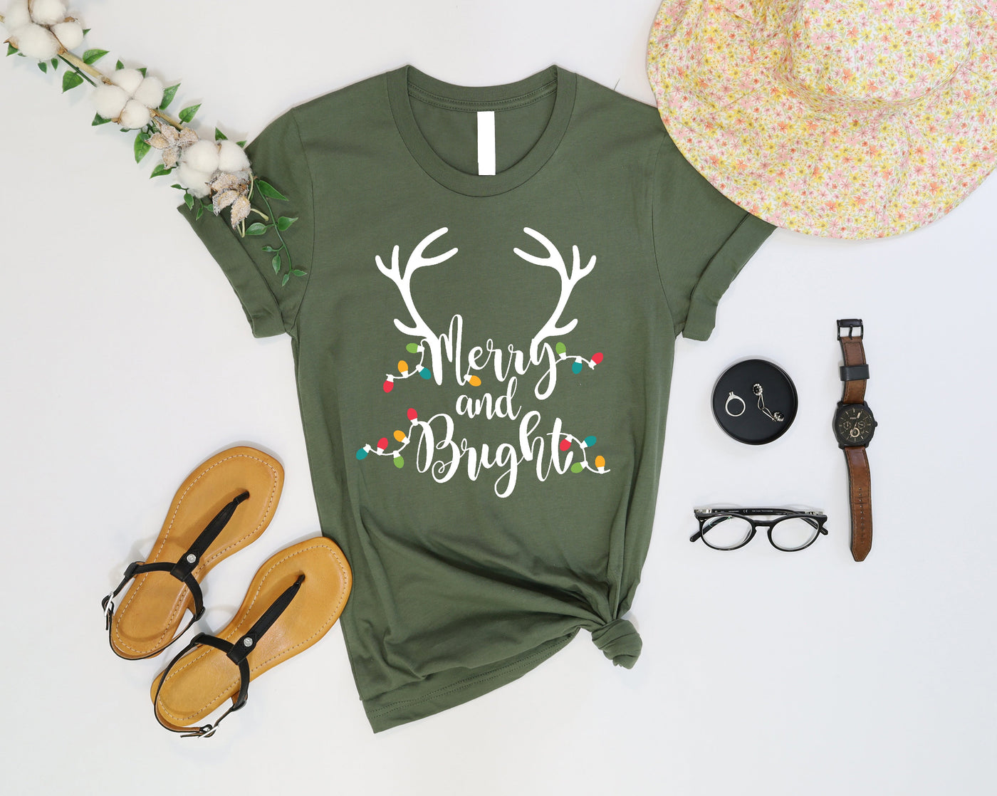 Merry and bright military green t-shirt