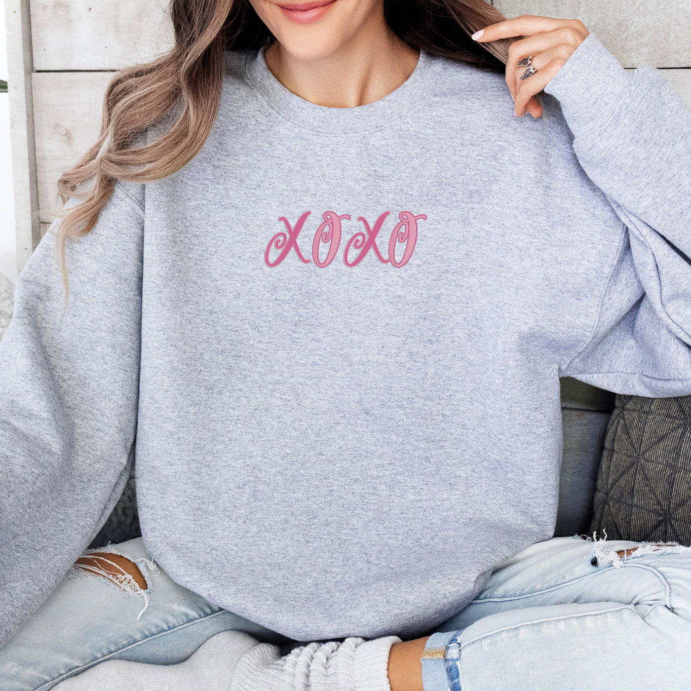 XOXO Embroidered Comfy Valentine sport grey Sweater