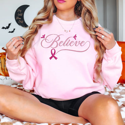 Believe Valentine's Day Embroidery Sweatshirt-Light Pink