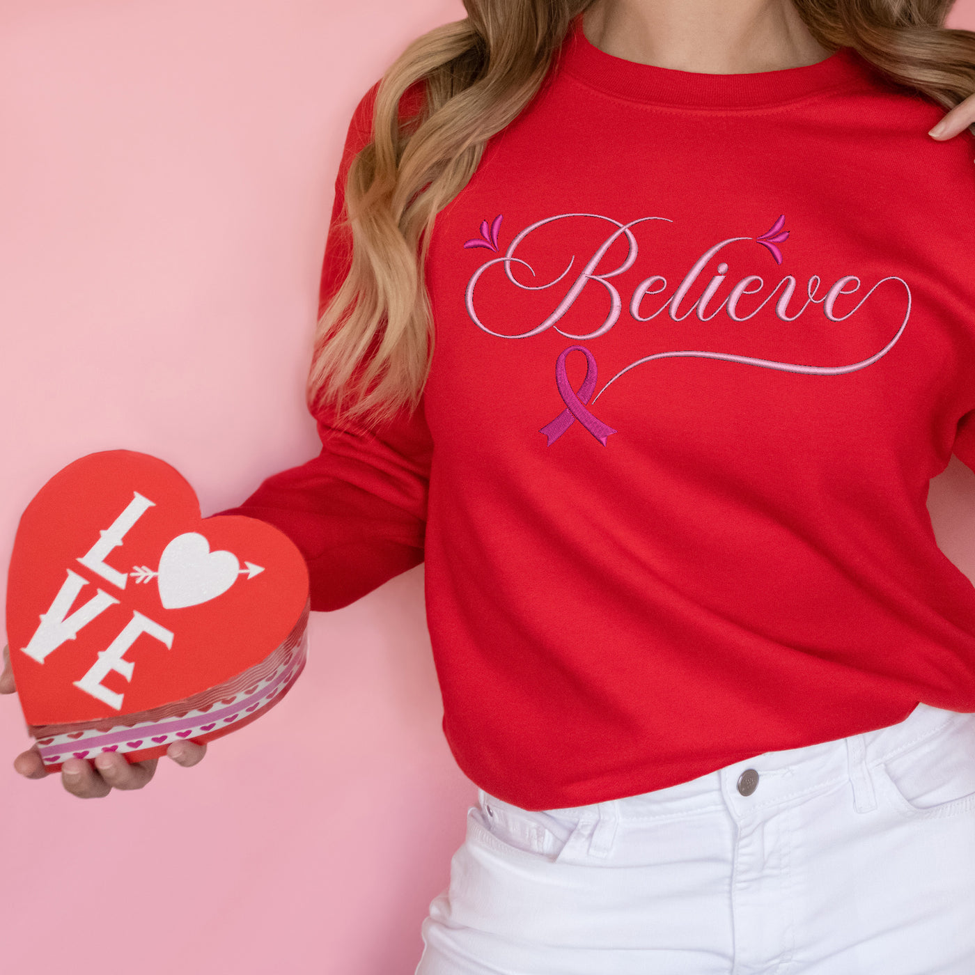 Believe Valentine's Day Embroidery Sweatshirt - Red Color