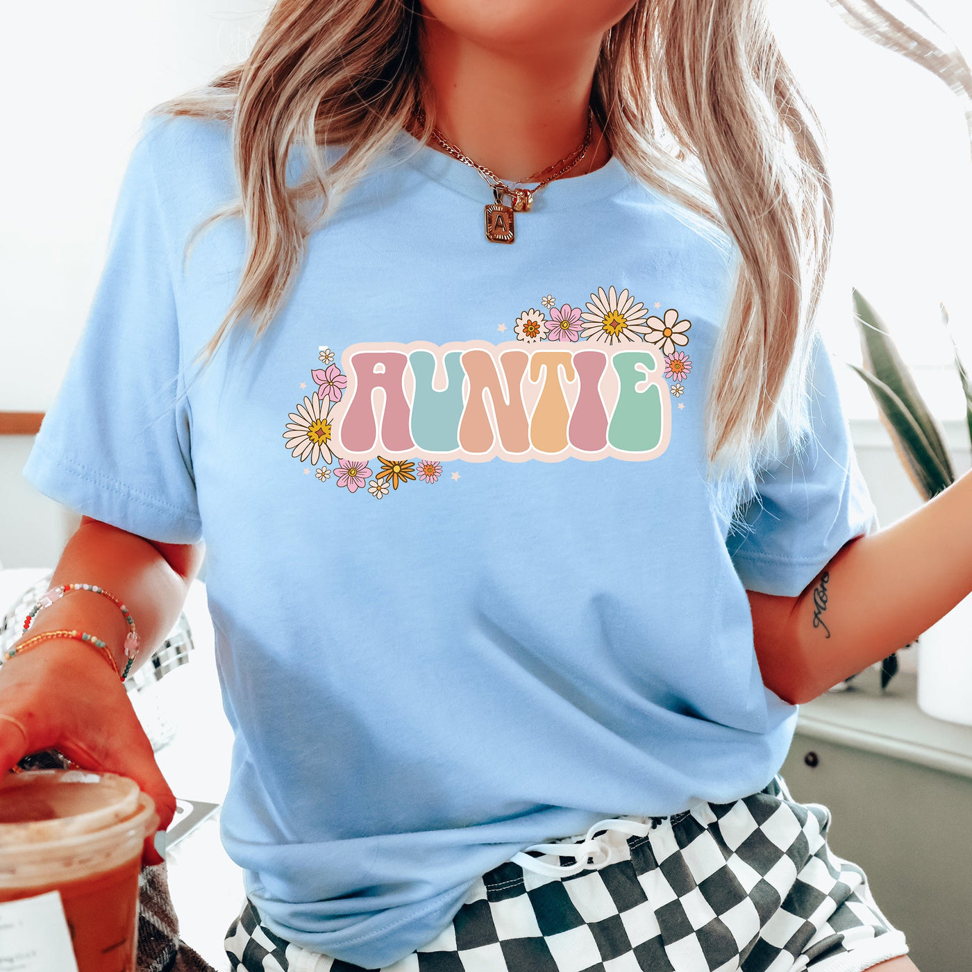 Floral Retro Boho Groovy Auntie Vibes t-shirt carolina blue