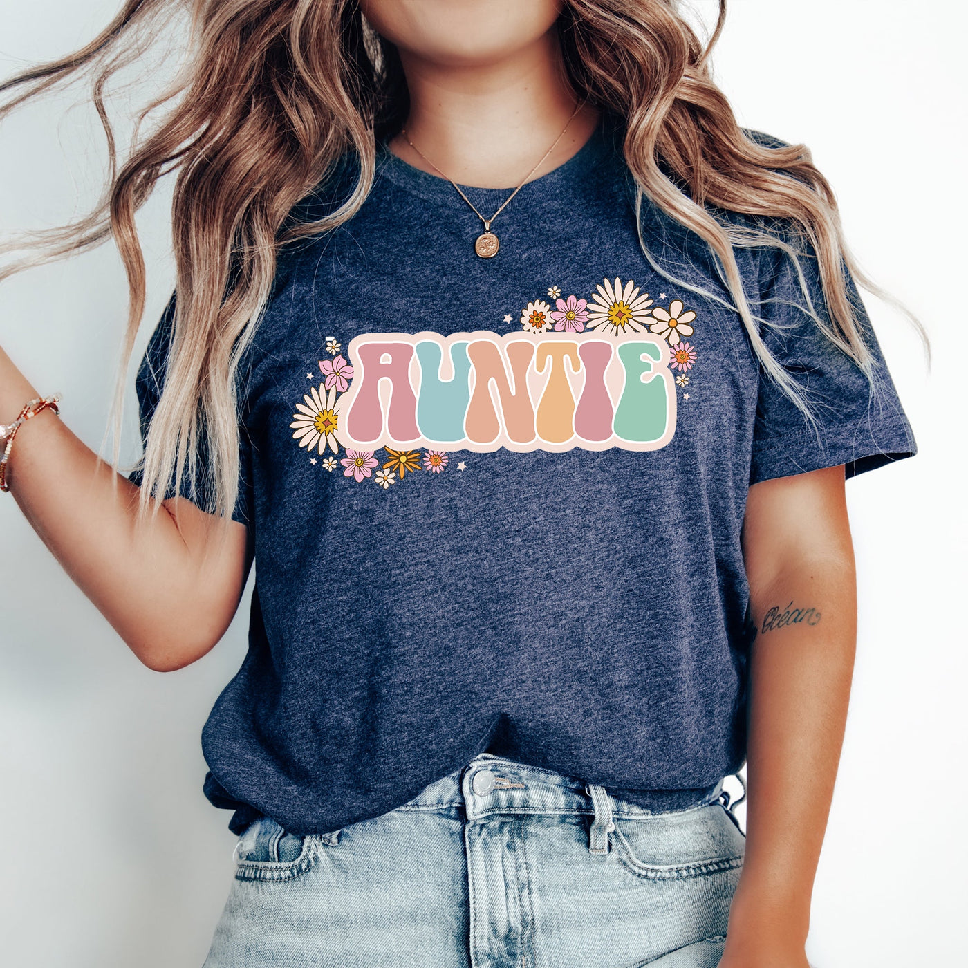 Floral Retro Boho Groovy Auntie Vibes t-shirt heather navy