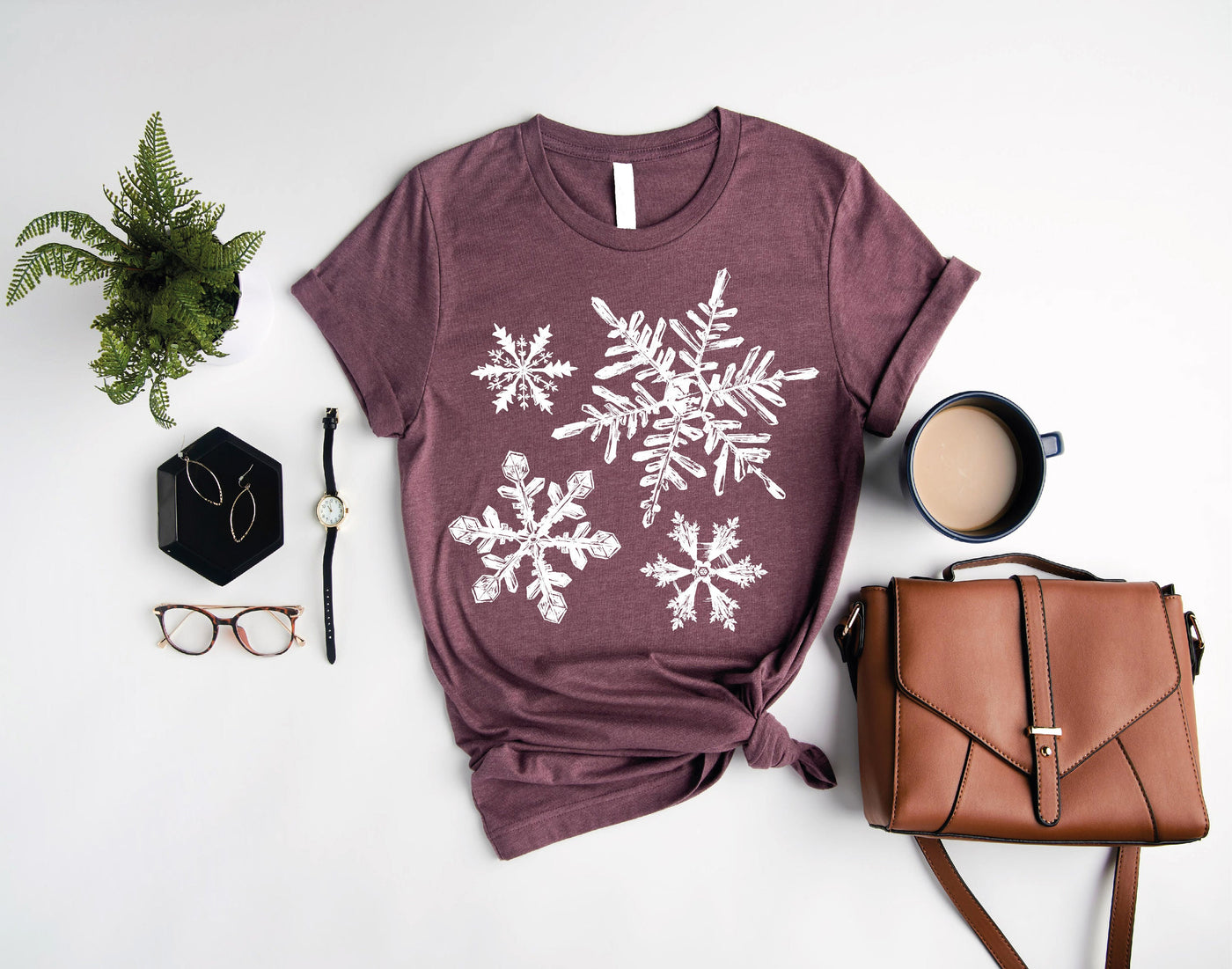 Let It Snow Snowflake Christmas Shirt, Heather Maroon Color