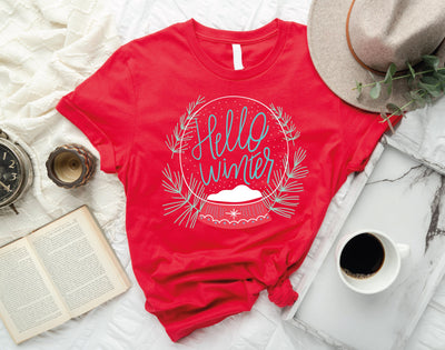 Hello Winter Snowflake Globe T-Shirt, red color
