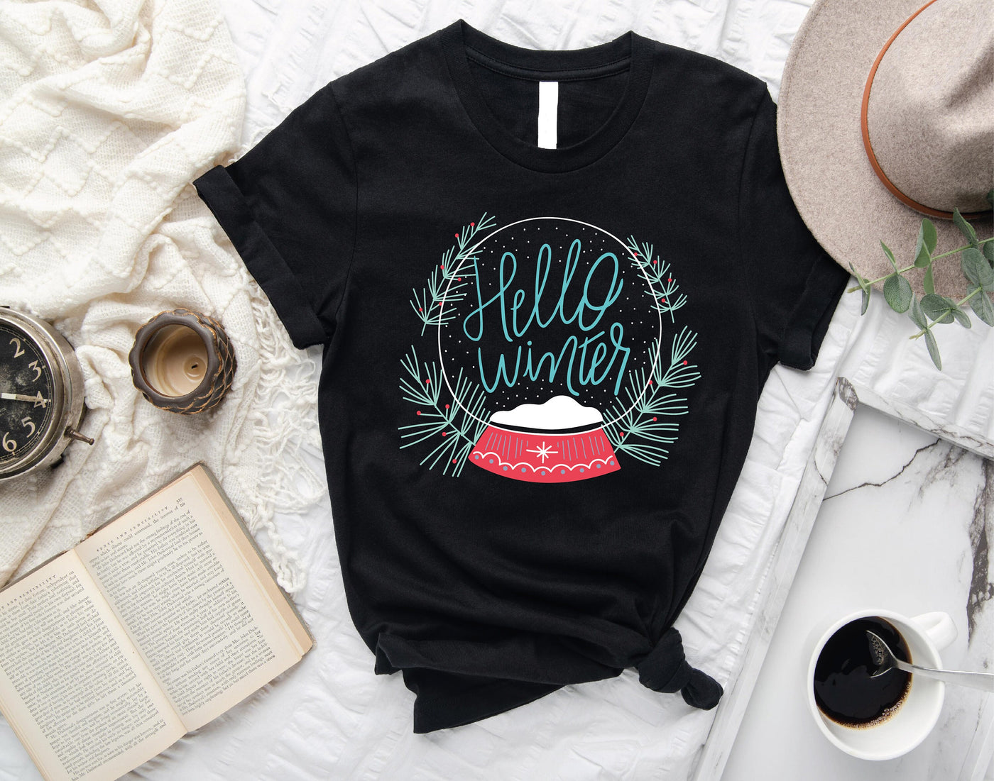 Hello Winter Snowflake Globe T-Shirt, Black color