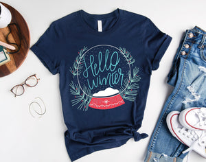 Hello Winter Snowflake Globe T-Shirt, NAVY color
