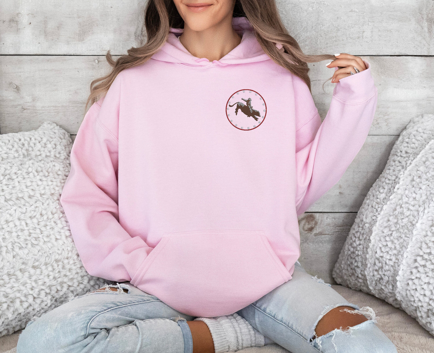 Rodeo Ready: Bull Riding Cowboy Sweatshirt, Light Pink hoodie