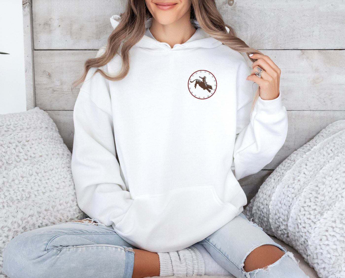 Rodeo Ready: Bull Riding Cowboy Sweatshirt, White Hoodie