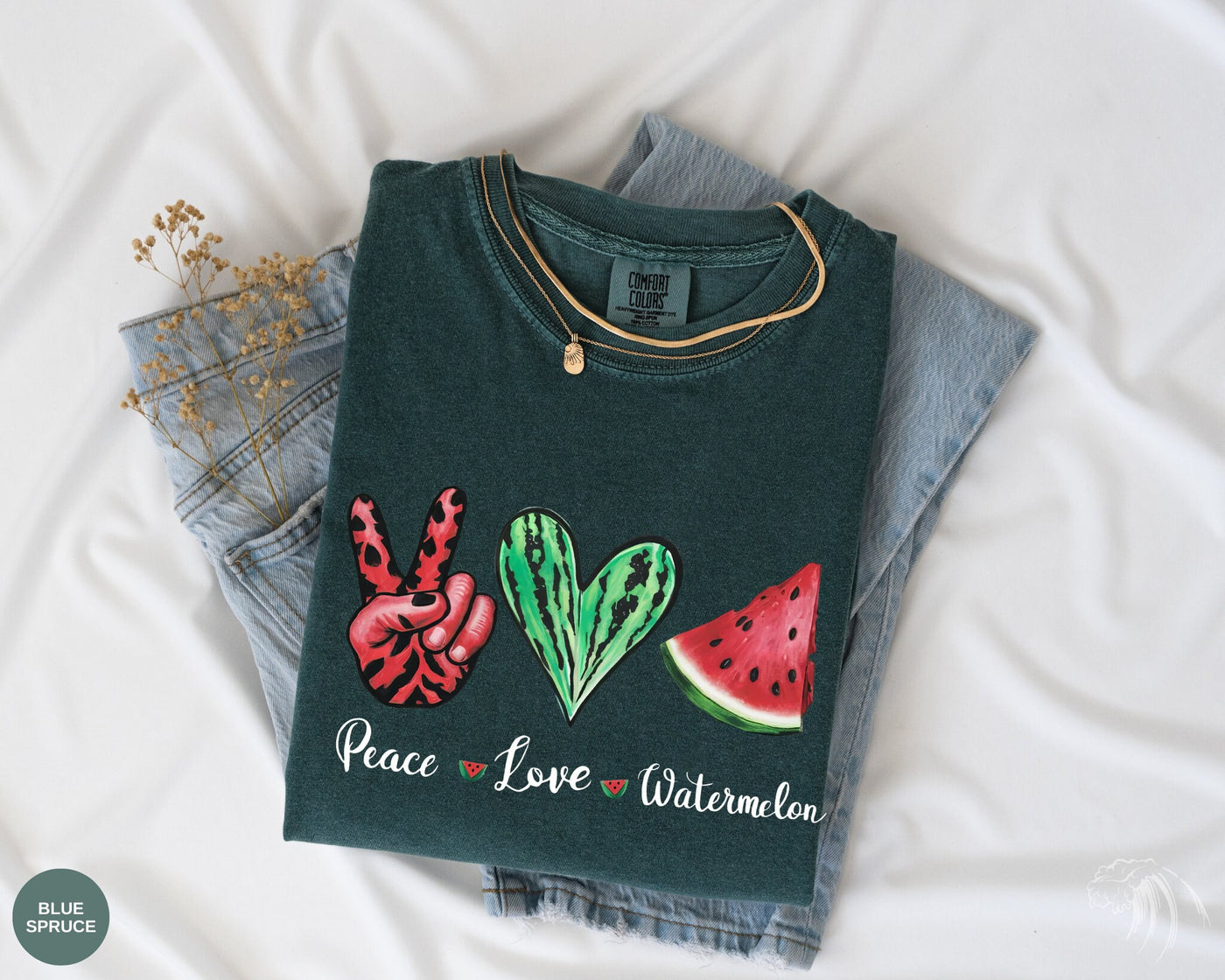 Comfort Colors Peace Love Watermelon Tee, Blue Spruce Color