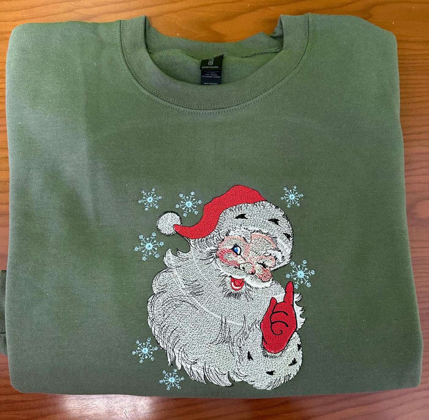 Retro Santa Embroidered Sweatshirt Military Green