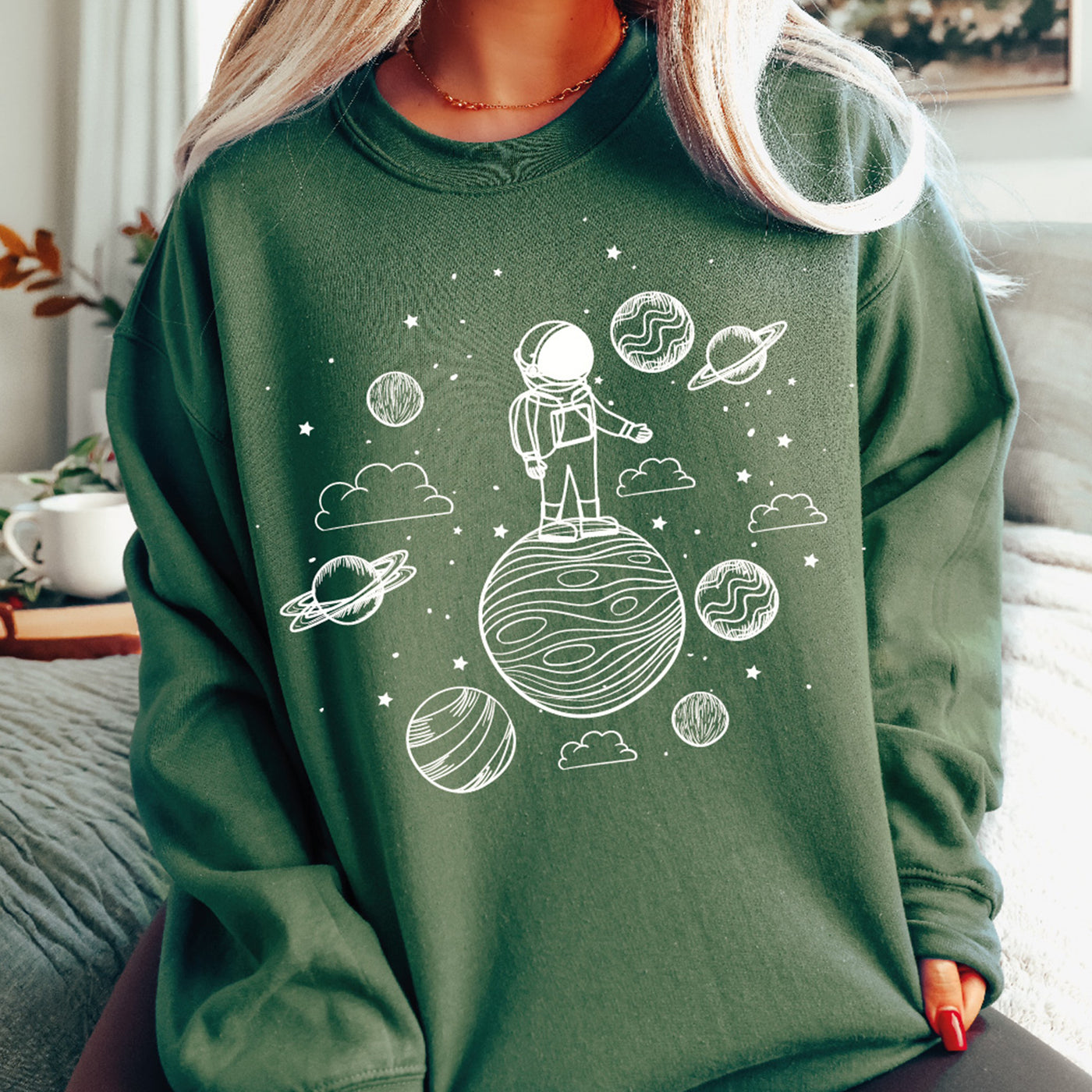 Space Themed military green sweatshirt