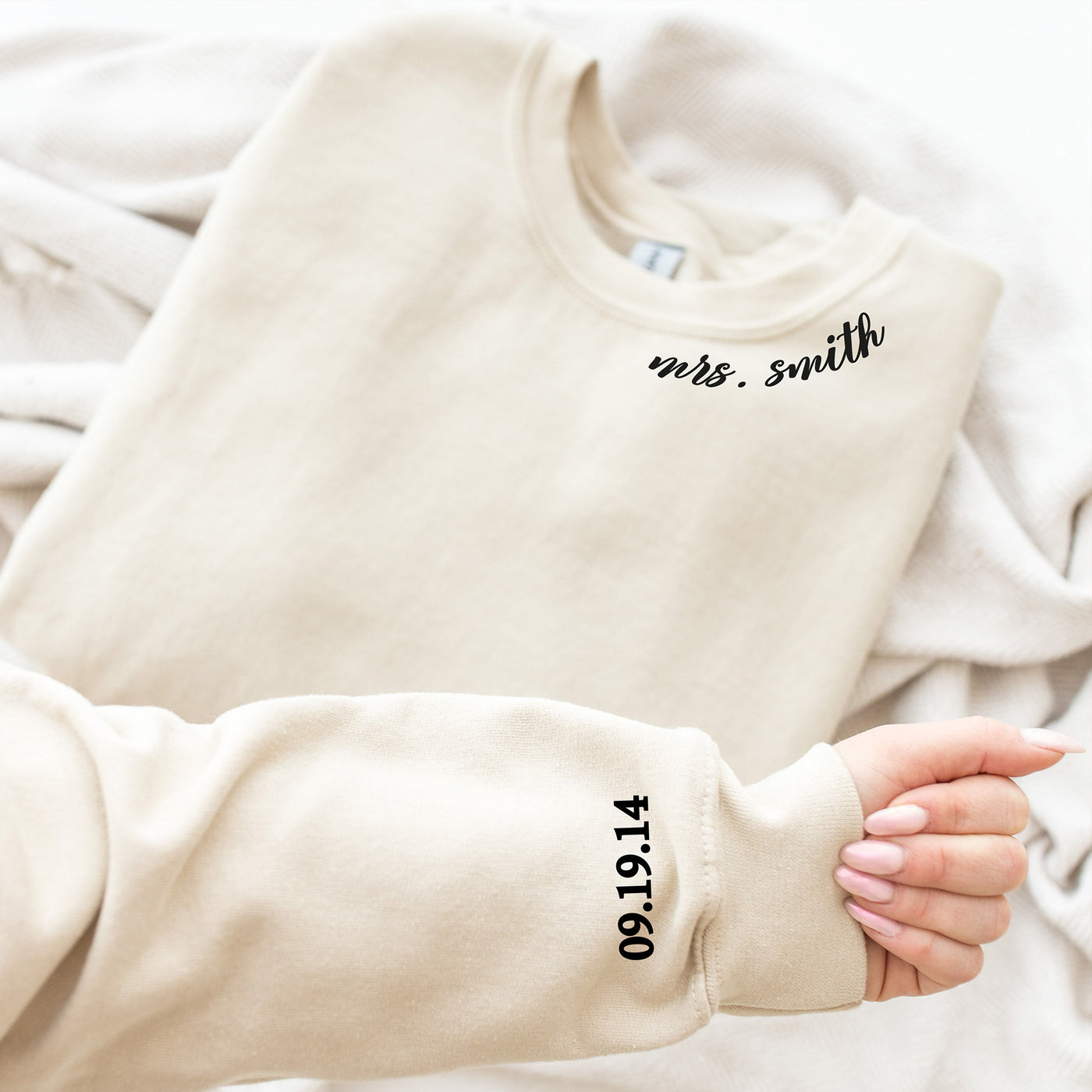 Custom Embroidered "Mrs." Sweatshirt with Date & Name sand color