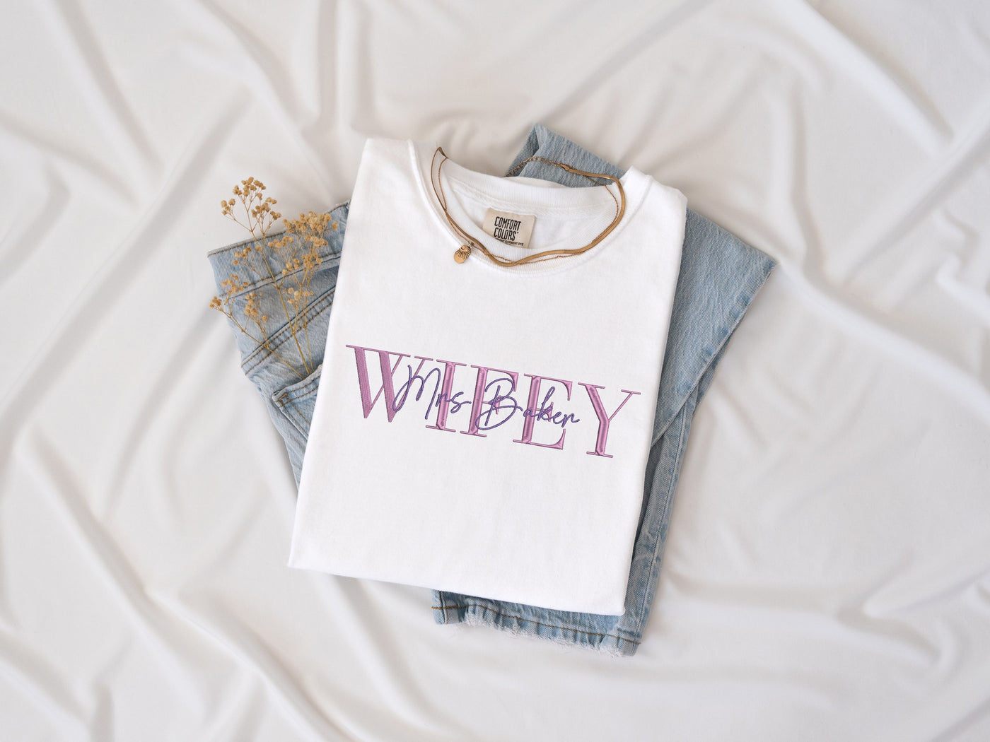 Custom Wifey or hubby Comfort Colors T-Shirt embroidered white color