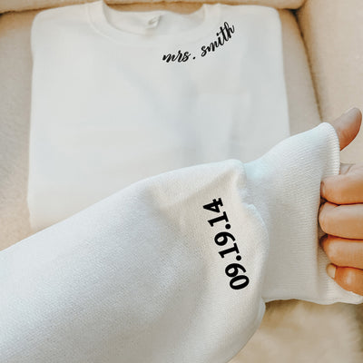 Custom Embroidered "Mrs." Sweatshirt with Date & Name white color