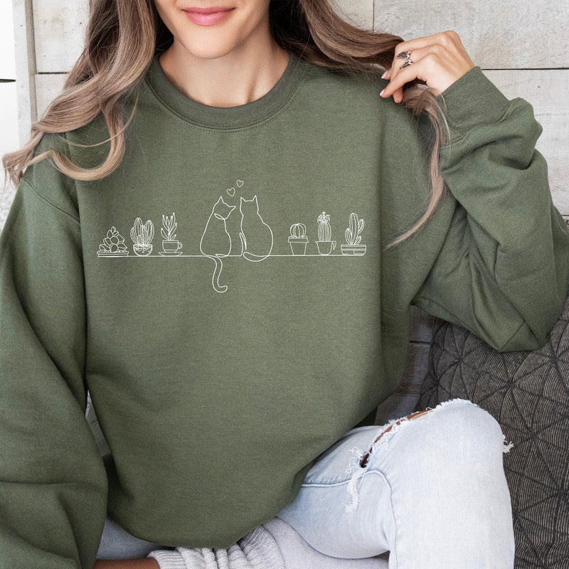 Cats and Plants Sweatshirt - Hand-Embroidered Design for Cat Moms and Dads, ES010 - US Custom Shirt
