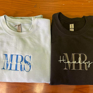 Custom Last Name Sweatshirts, Mr. and Mrs. Matching Couple Sweatshirt Set, Embroidered Personalized Anniversary Gift, ES021 - US Custom Shirt