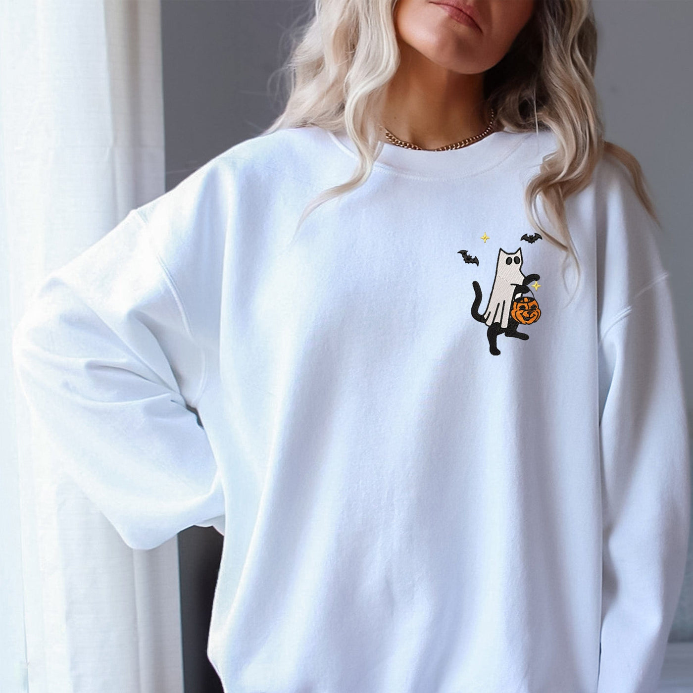 Embroidery Cute Scary Cat Sweatshirt - Stay cozy and chic with this hauntingly adorable hoodie, ES004 - US Custom Shirt