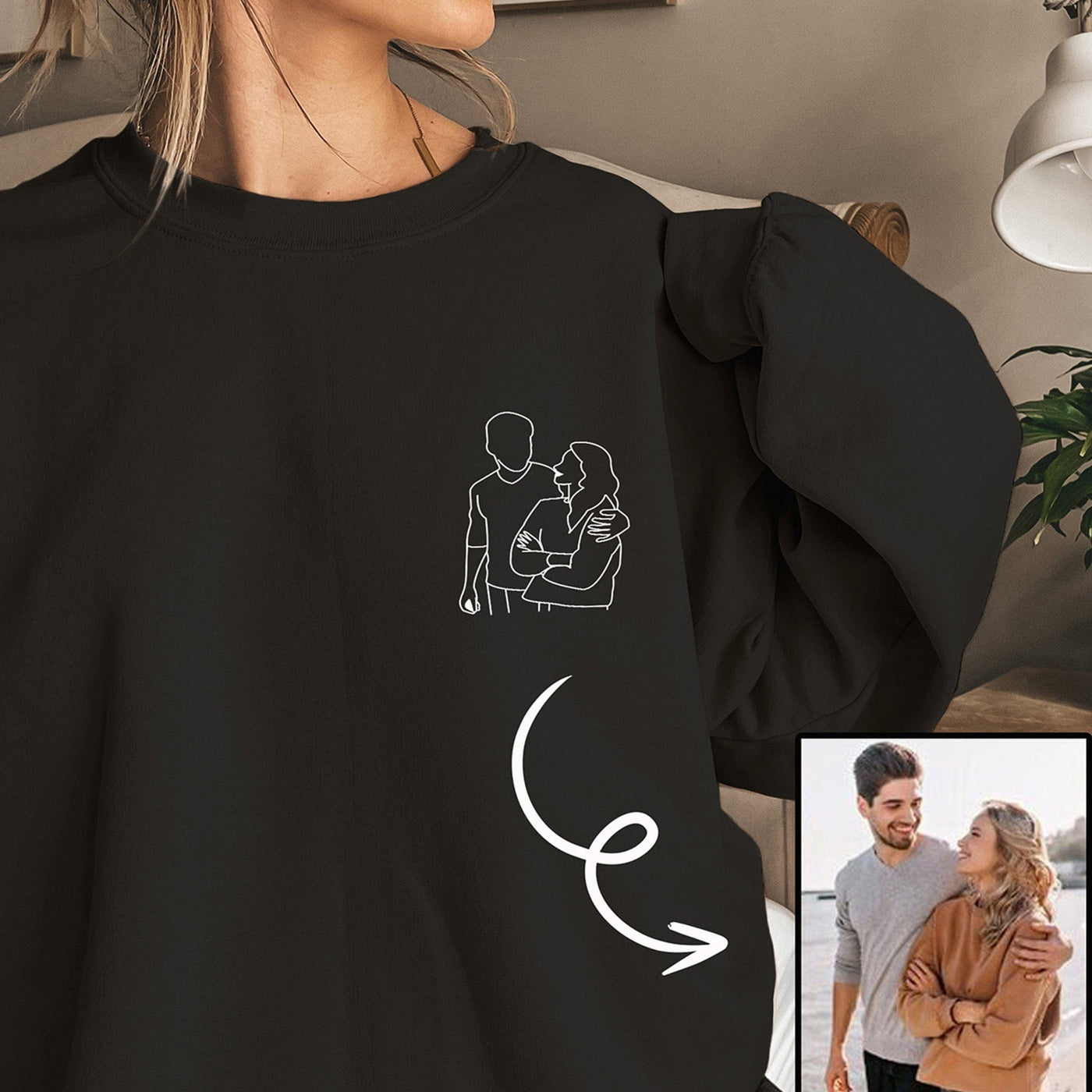 Wedding Anniversary Valentines Day Gift, Custom Embroidered Sweatshirt with Personalized Couple Portrait, ES007 - US Custom Shirt